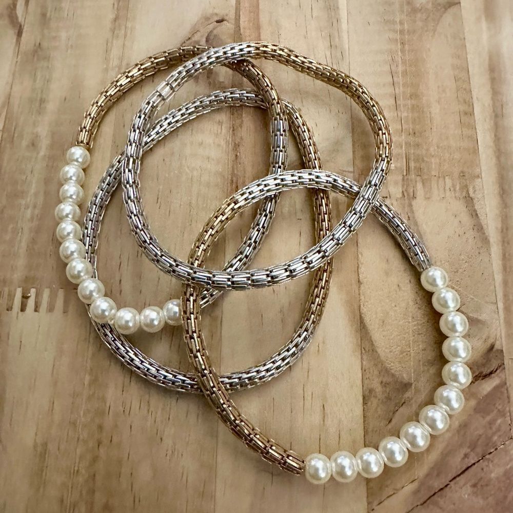 Elegant Gold and Silver Pearl Bracelet Set